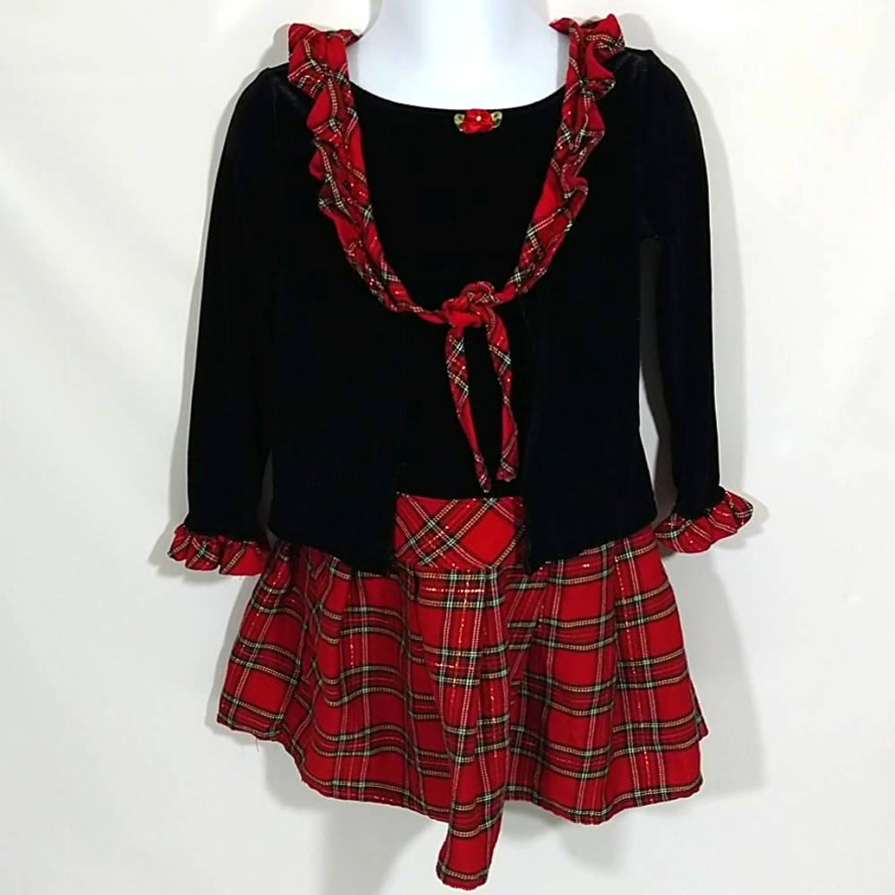 Girls Holiday Dress 3T Velvet Plaid Red Black